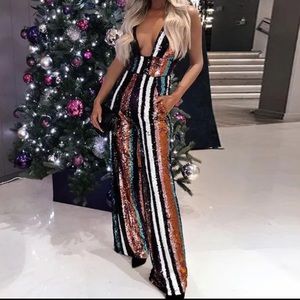 multi striped sequin halterneck wide leg jumpsuit